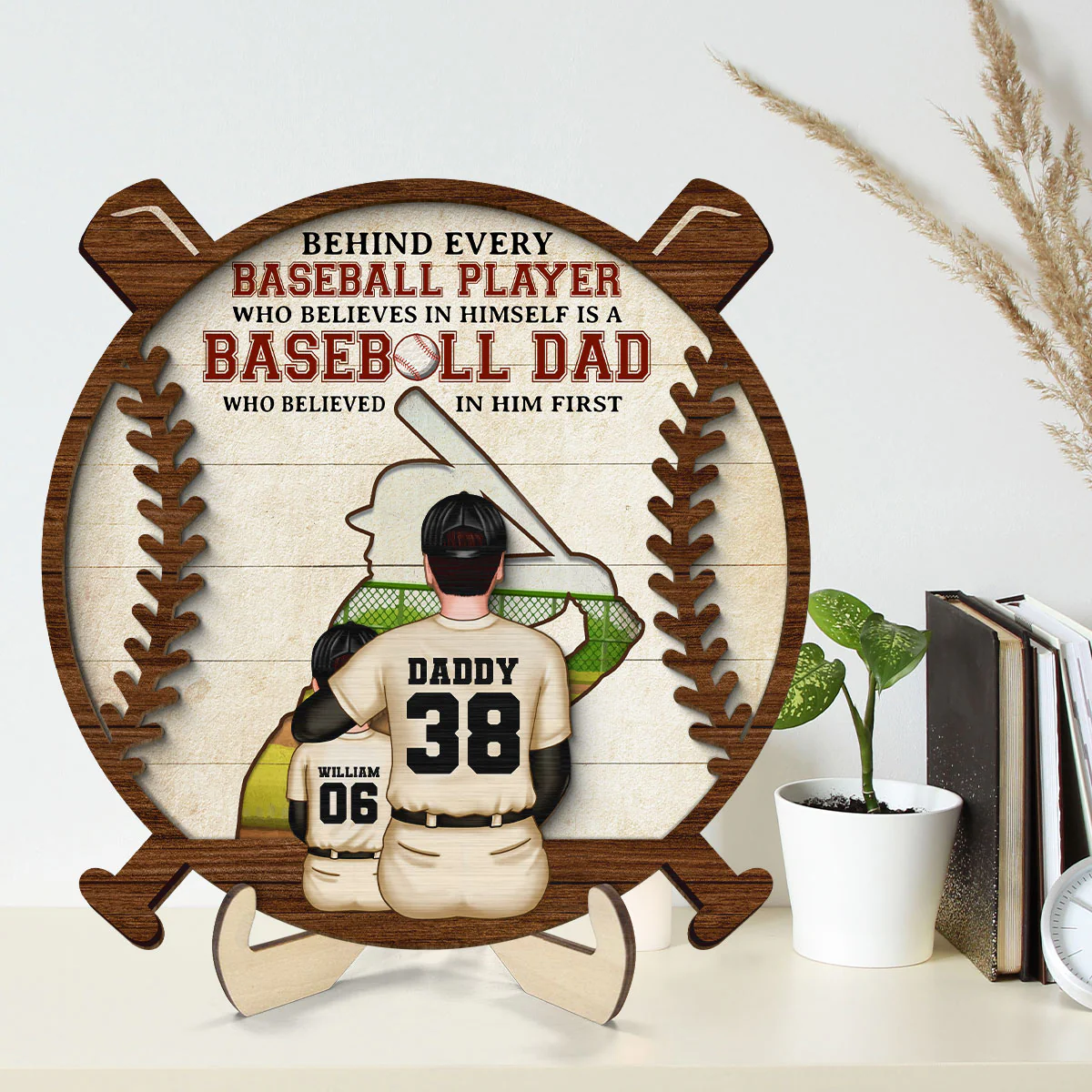Baseball Dad Behind Every Baseball Player Personalized 2-Layer Wooden Plaque - Image 2