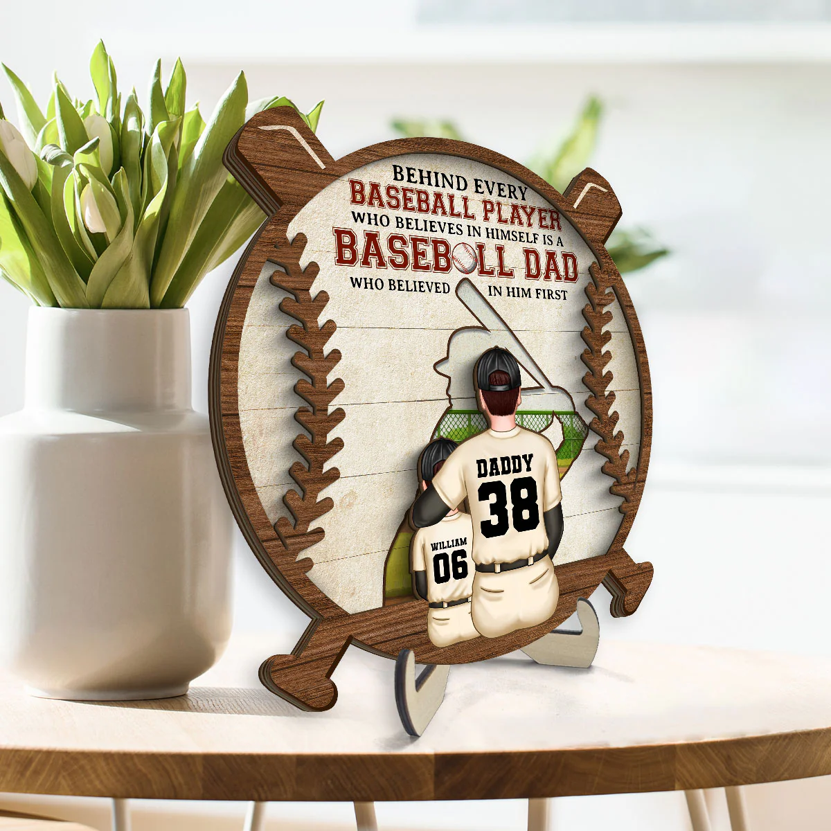 Baseball Dad Behind Every Baseball Player Personalized 2-Layer Wooden Plaque - Image 3