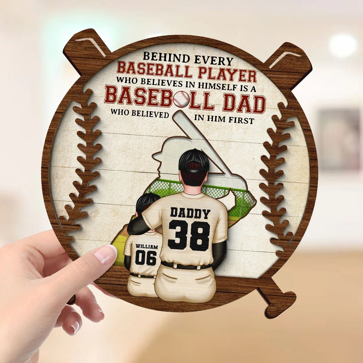 Baseball Dad Behind Every Baseball Player Personalized 2-Layer Wooden Plaque - Image 4