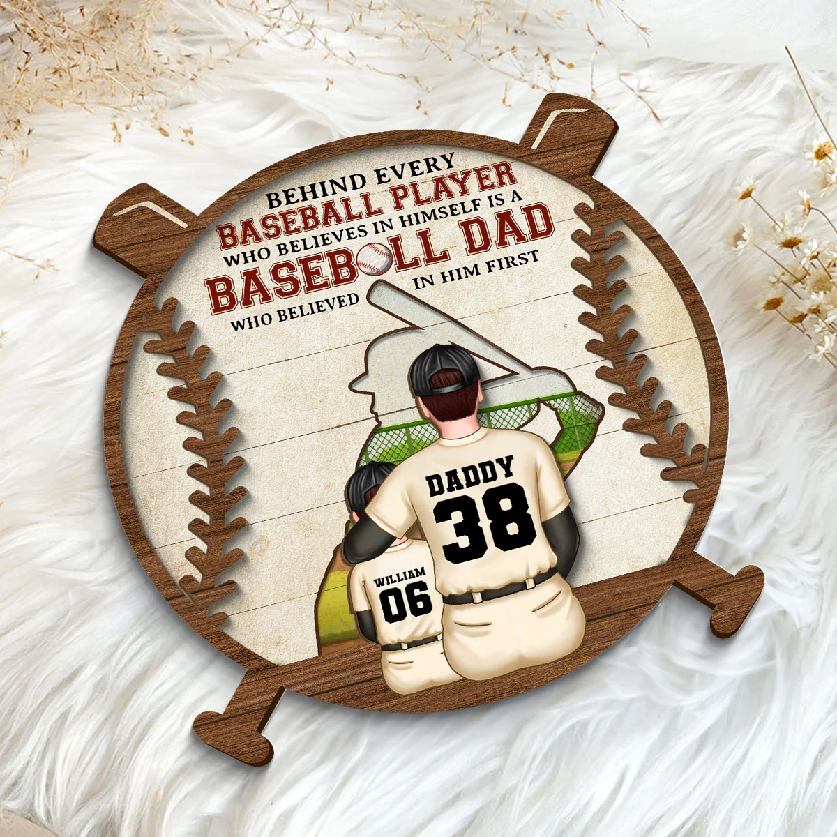 Baseball Dad Behind Every Baseball Player Personalized 2-Layer Wooden Plaque - Image 5