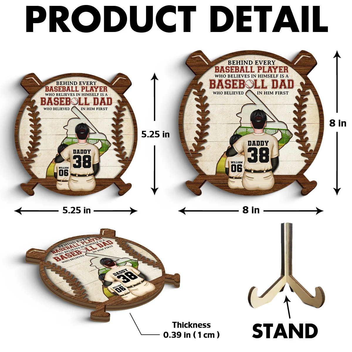 Baseball Dad Behind Every Baseball Player Personalized 2-Layer Wooden Plaque - Image 6