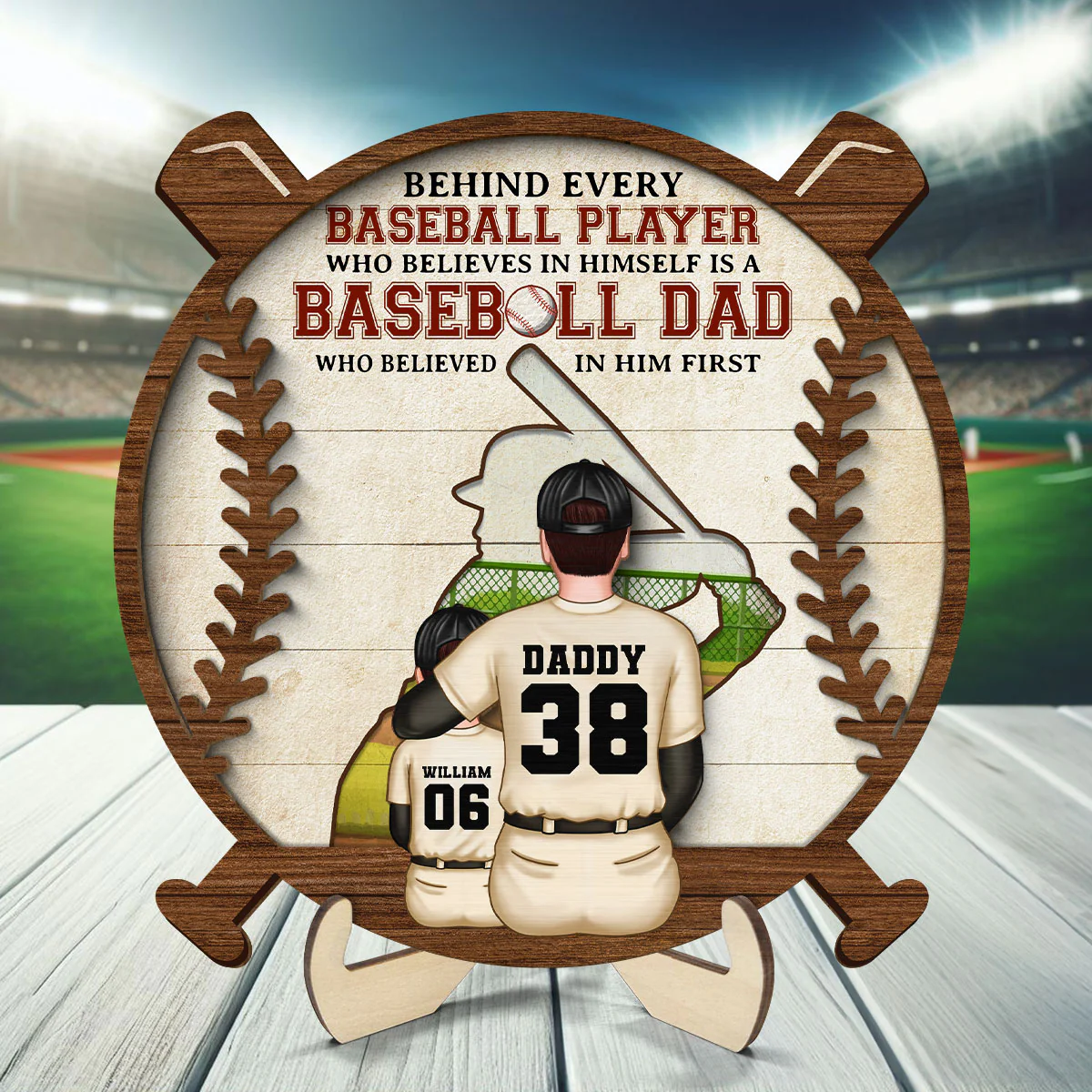 Baseball Dad Behind Every Baseball Player Personalized 2-Layer Wooden Plaque - Image 7