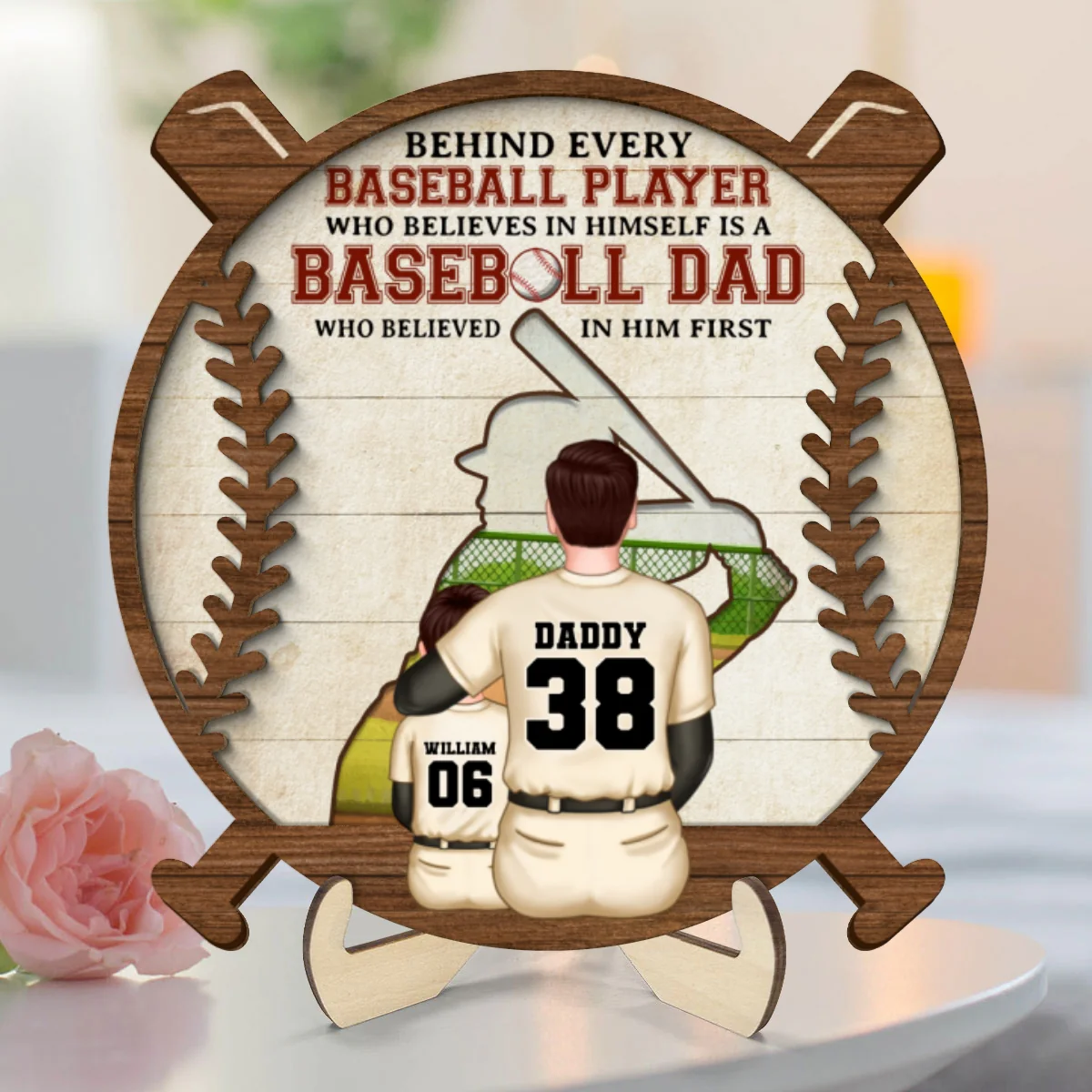 Baseball Dad Behind Every Baseball Player Personalized 2-Layer Wooden Plaque - Image 9