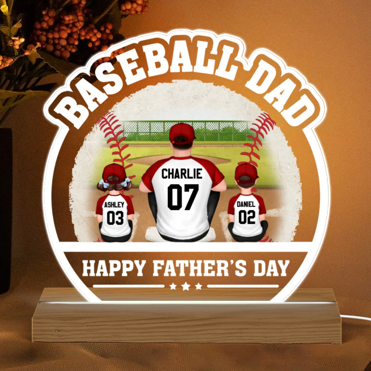 Baseball Dad Happy Father‘s Day Personalized Warm Acrylic Custom Shape LED Night Light - Image 4