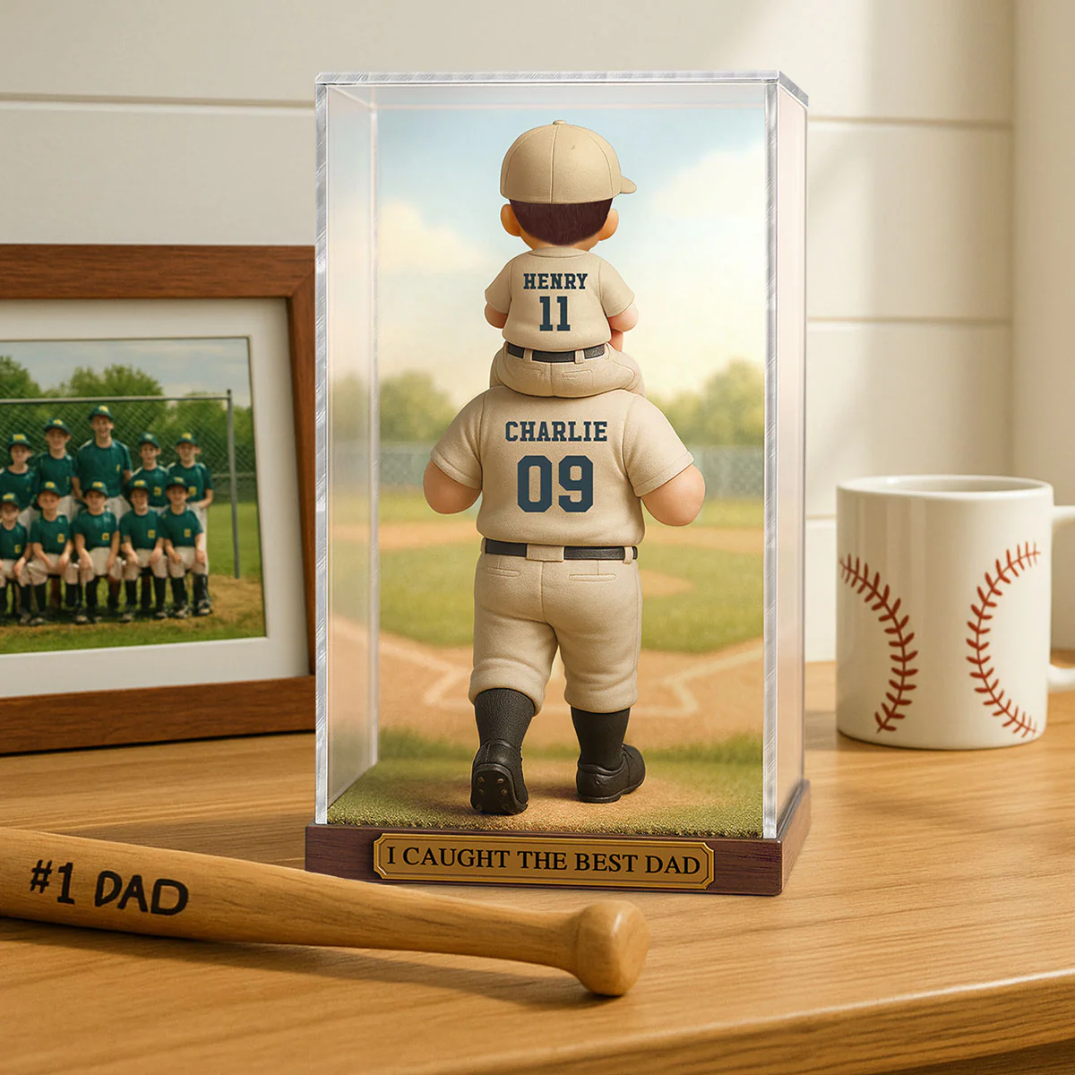 Baseball Dad & Kid In Display 3D Effect Personalized Acrylic Flat Block Plaque - Image 6
