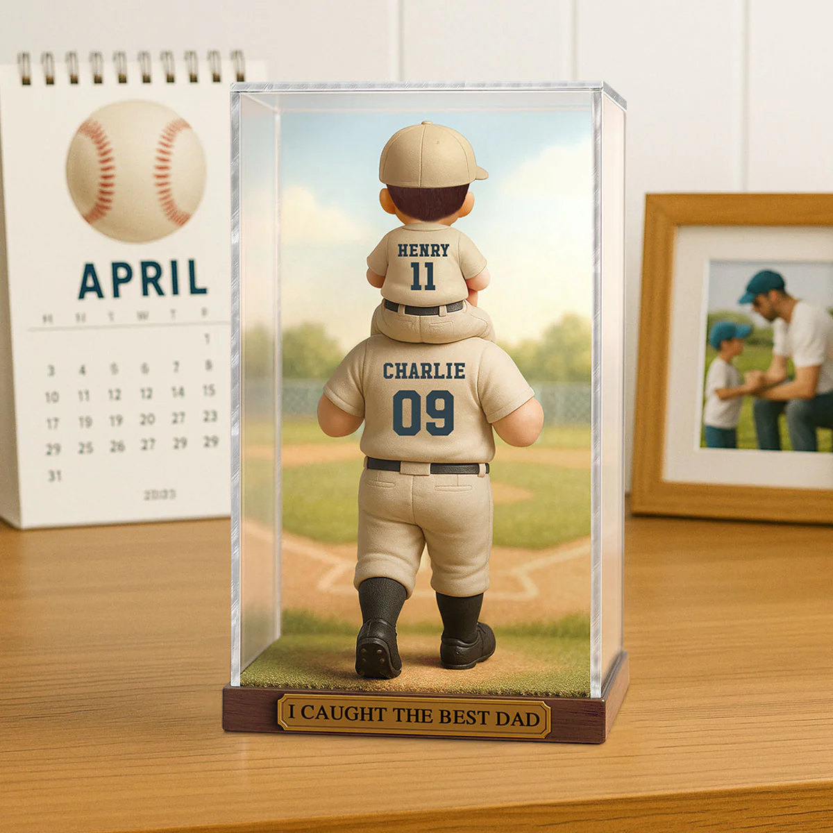 Baseball Dad & Kid In Display 3D Effect Personalized Acrylic Flat Block Plaque - Image 7