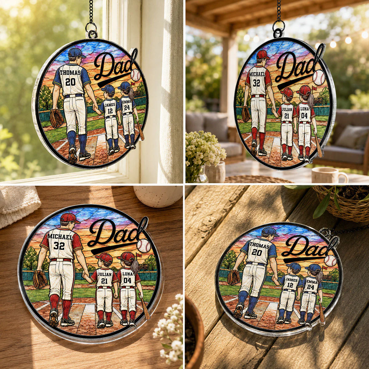 Baseball Dad & Kids 2D Flat - Personalized Suncatcher Ornament - Father's Day Gift For Baseball Dad - Image 6