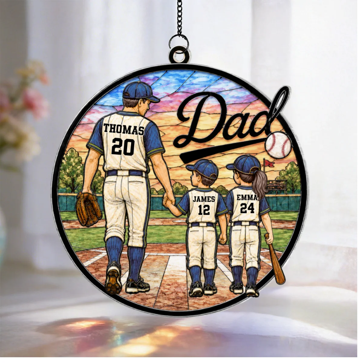Baseball Dad & Kids 2D Flat - Personalized Suncatcher Ornament - Father's Day Gift For Baseball Dad - Image 7