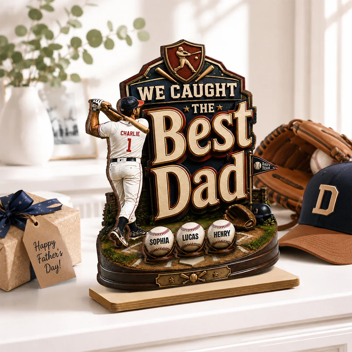 Baseball Dad & Kids We Caught The Best Dad - Personalized 2-Layered Wooden Plaque - Gift For Baseball Dad, Husband - Image 3
