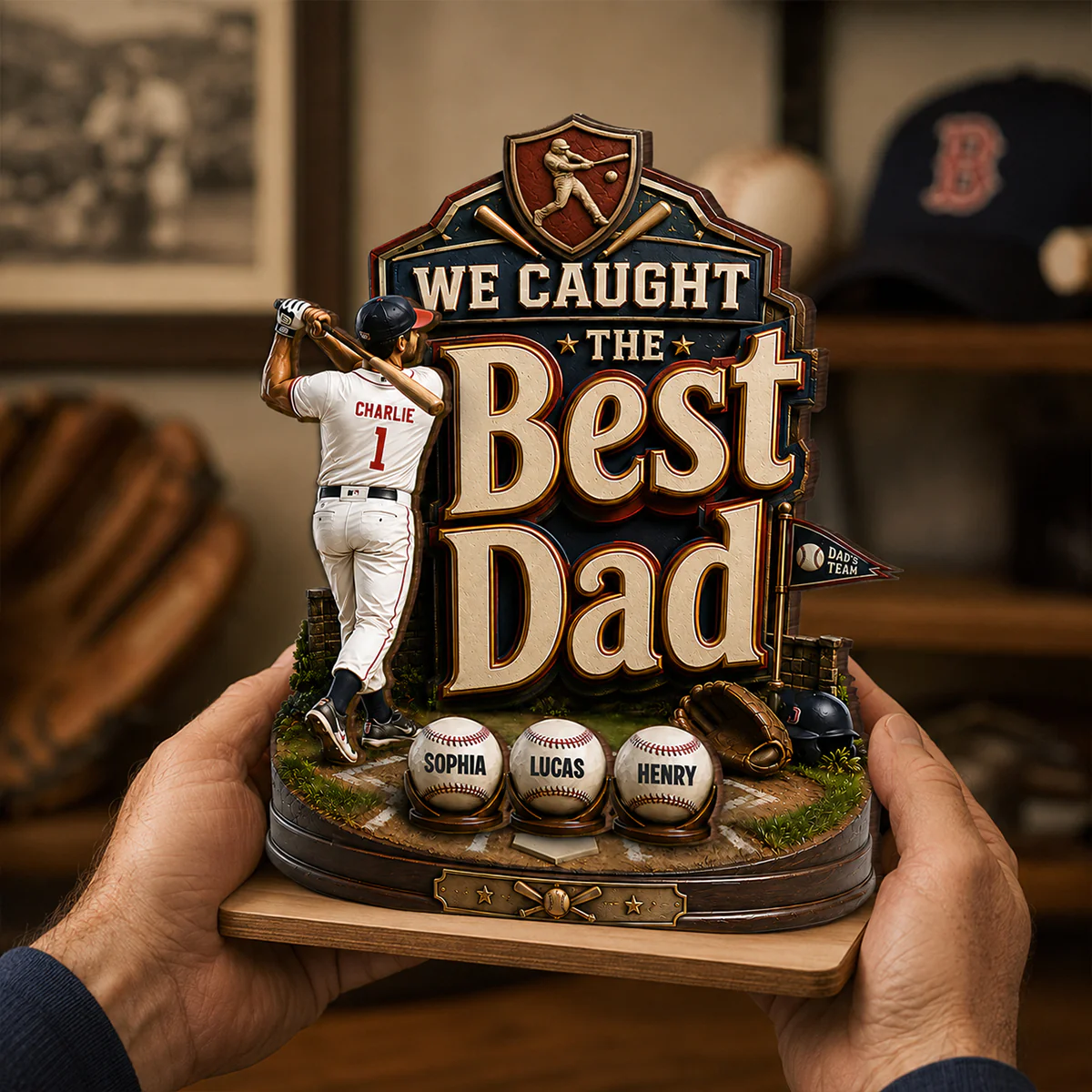 Baseball Dad & Kids We Caught The Best Dad - Personalized 2-Layered Wooden Plaque - Gift For Baseball Dad, Husband - Image 4