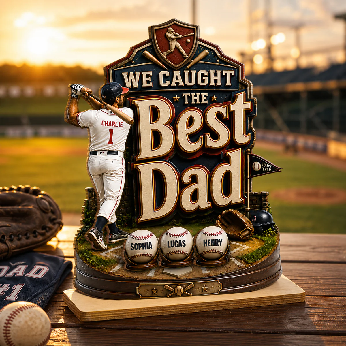 Baseball Dad & Kids We Caught The Best Dad - Personalized 2-Layered Wooden Plaque - Gift For Baseball Dad, Husband - Image 5