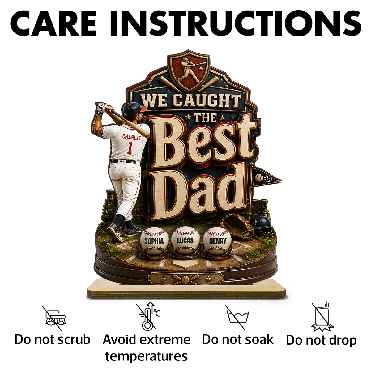 Baseball Dad & Kids We Caught The Best Dad - Personalized 2-Layered Wooden Plaque - Gift For Baseball Dad, Husband - Image 7