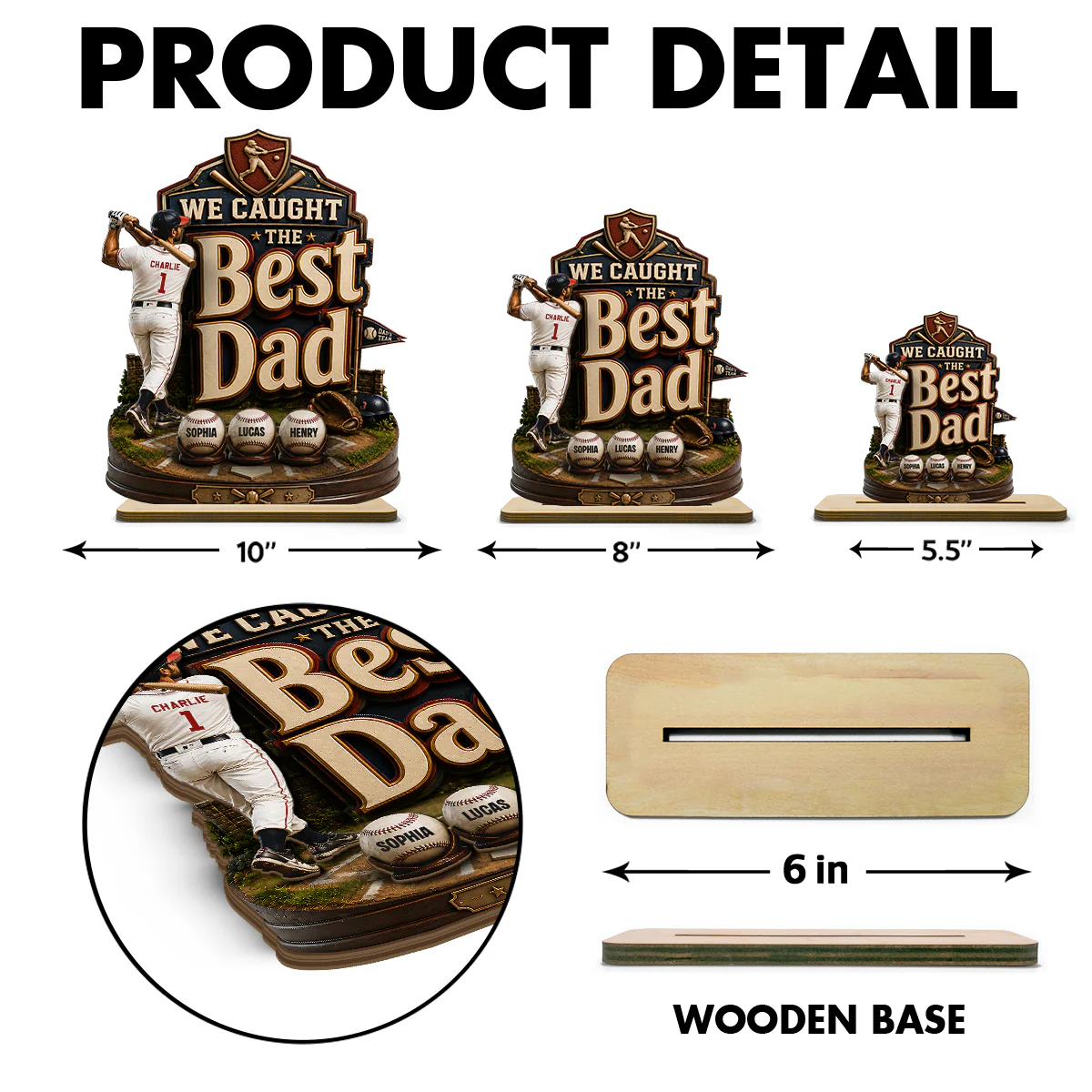 Baseball Dad & Kids We Caught The Best Dad - Personalized 2-Layered Wooden Plaque - Gift For Baseball Dad, Husband - Image 8