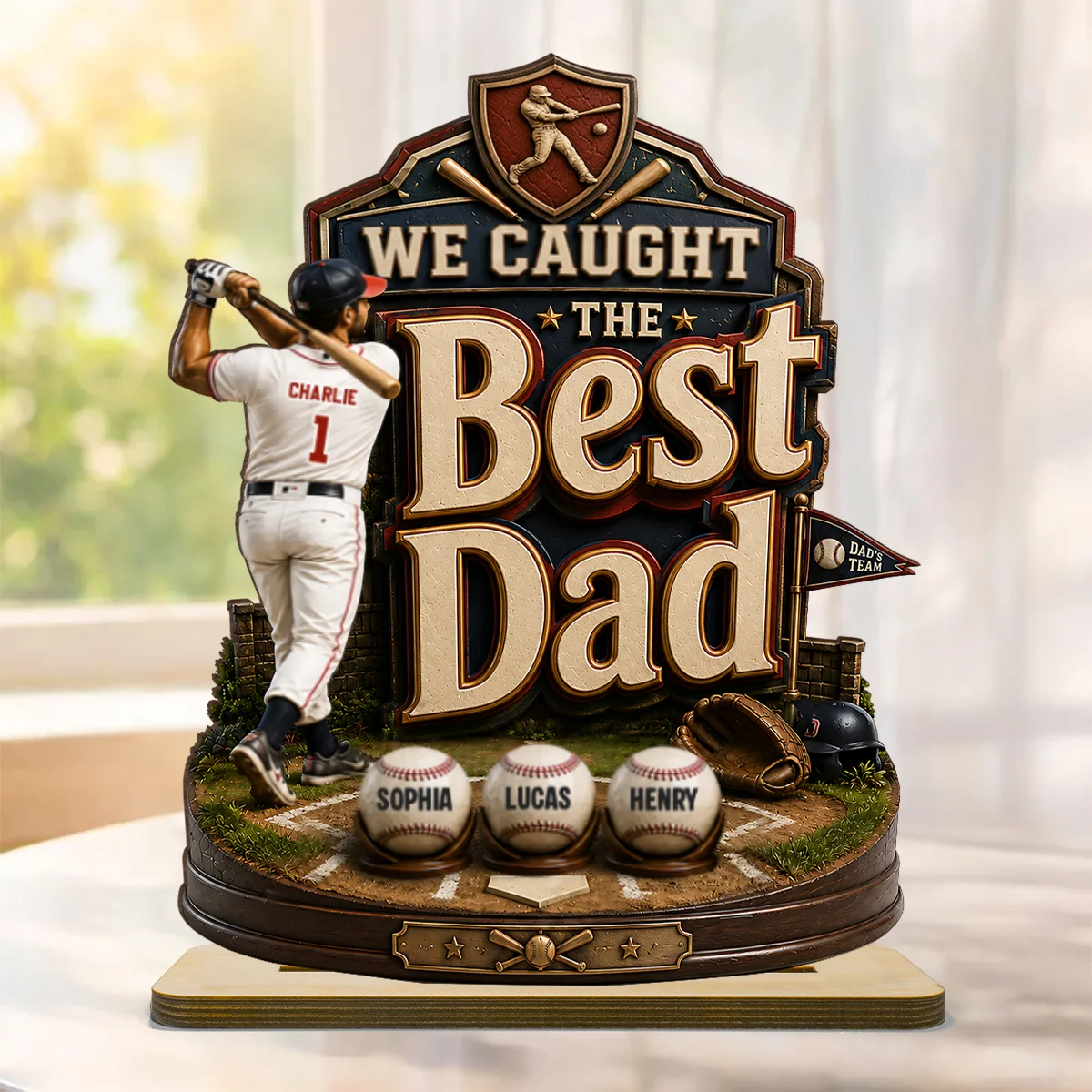 Baseball Dad & Kids We Caught The Best Dad - Personalized 2-Layered Wooden Plaque - Gift For Baseball Dad, Husband - Image 9