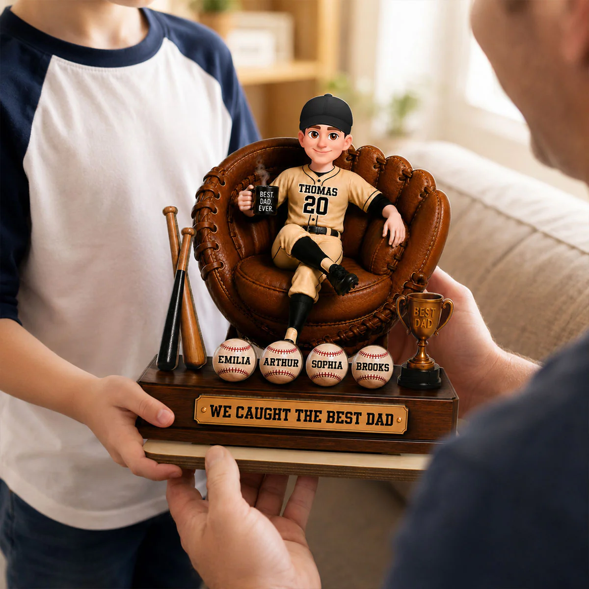 Baseball Dad Sitting On Glove With Kids Names 2D Flat - Personalized Wooden Plaque - Image 4