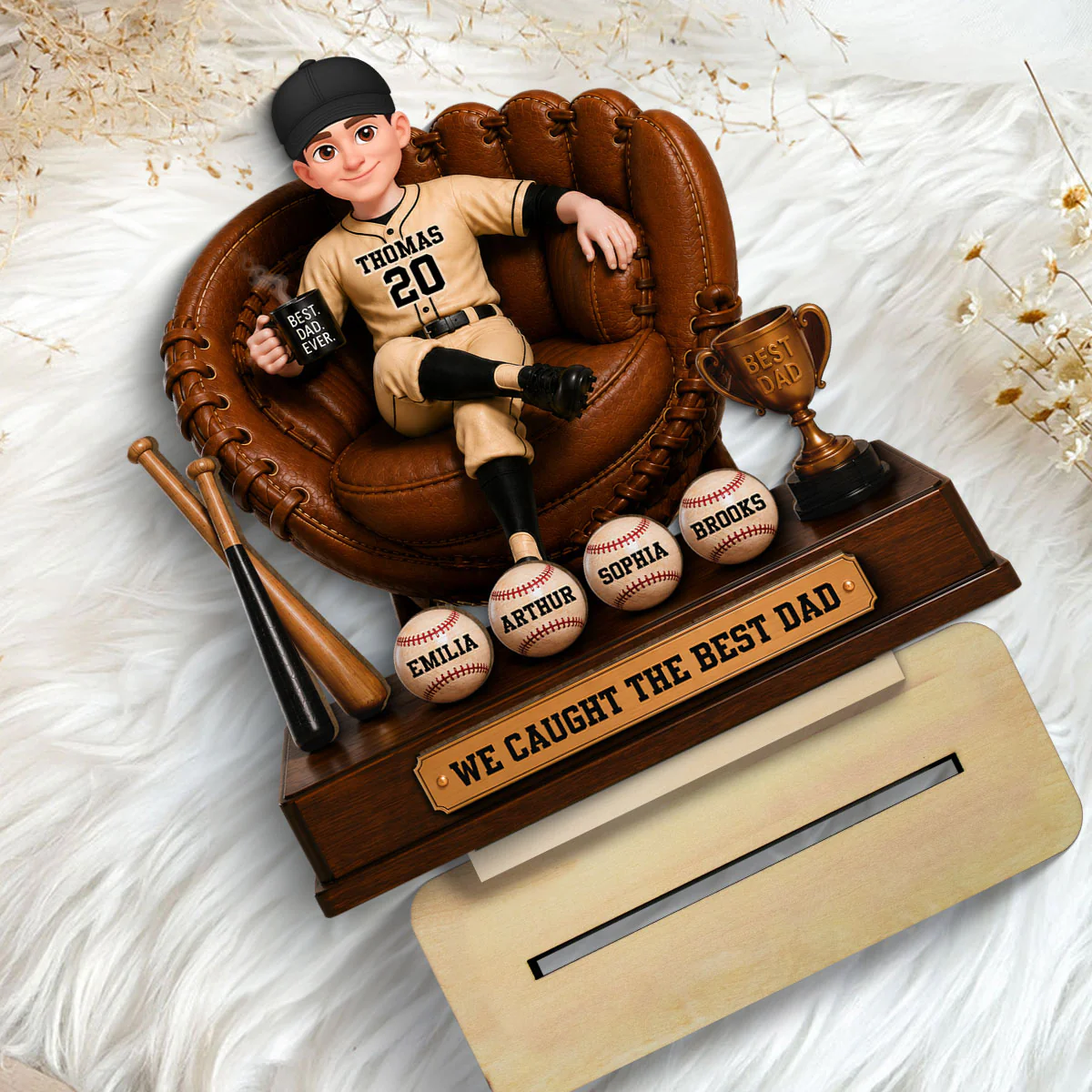 Baseball Dad Sitting On Glove With Kids Names 2D Flat - Personalized Wooden Plaque - Image 5