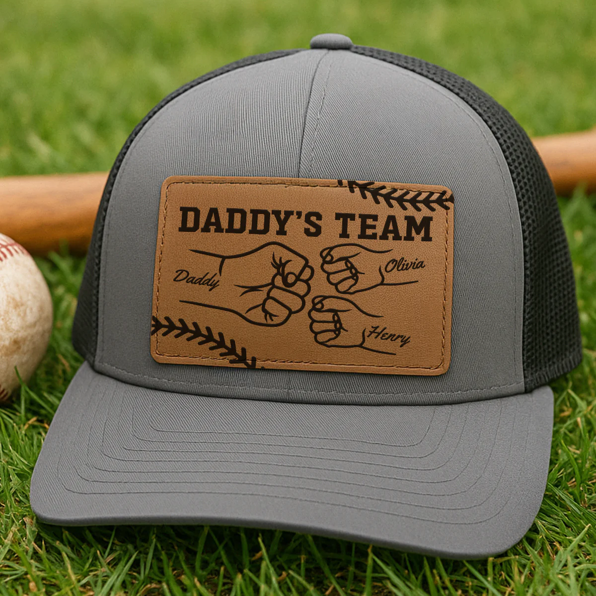 Baseball Daddy's Team Fist Bump Outline Personalized Leather Patch Hat