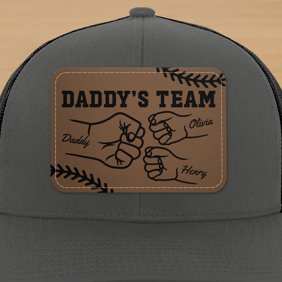 Baseball Daddy's Team Fist Bump Outline Personalized Leather Patch Hat - Image 14