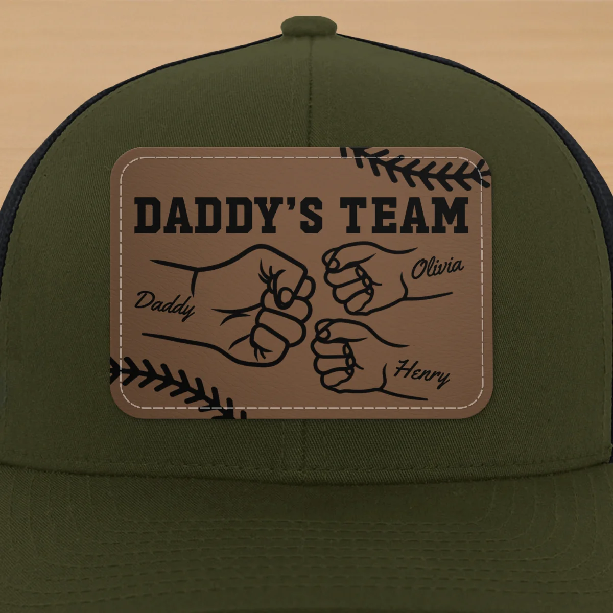 Baseball Daddy's Team Fist Bump Outline Personalized Leather Patch Hat - Image 16