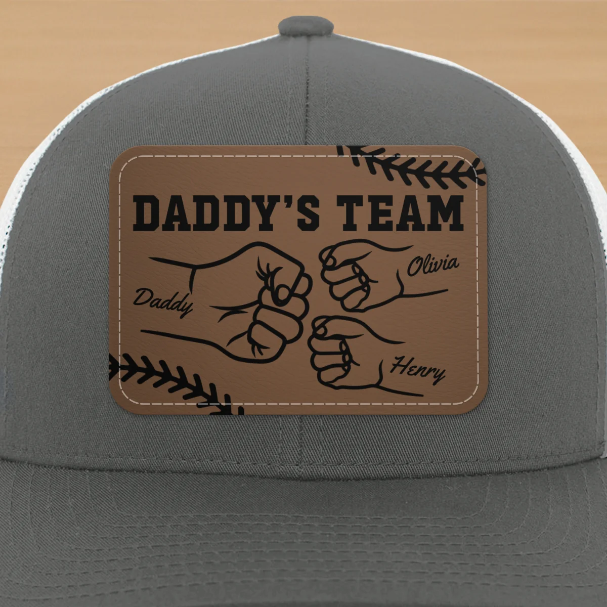 Baseball Daddy's Team Fist Bump Outline Personalized Leather Patch Hat - Image 17