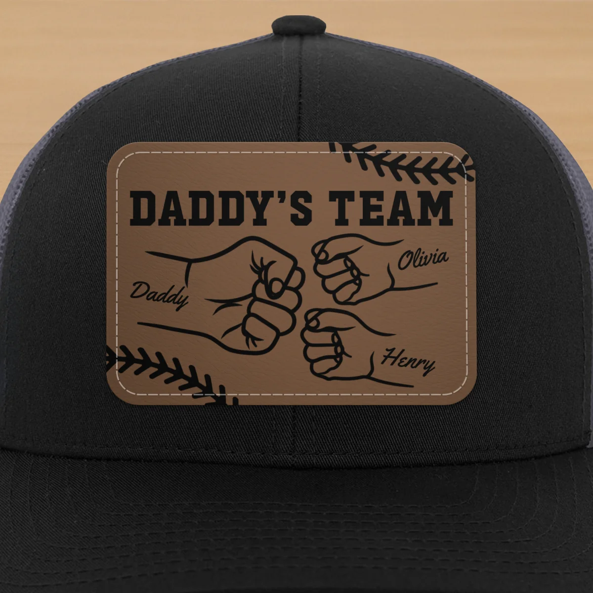 Baseball Daddy's Team Fist Bump Outline Personalized Leather Patch Hat - Image 18