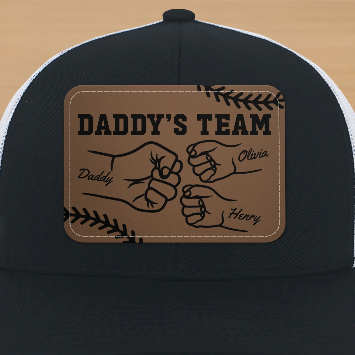 Baseball Daddy's Team Fist Bump Outline Personalized Leather Patch Hat - Image 19