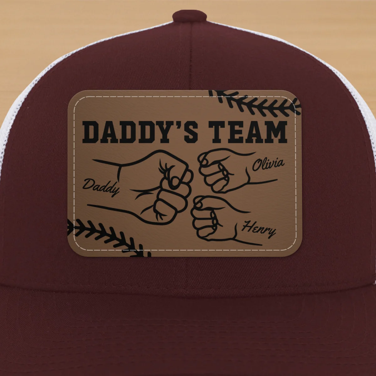 Baseball Daddy's Team Fist Bump Outline Personalized Leather Patch Hat - Image 21