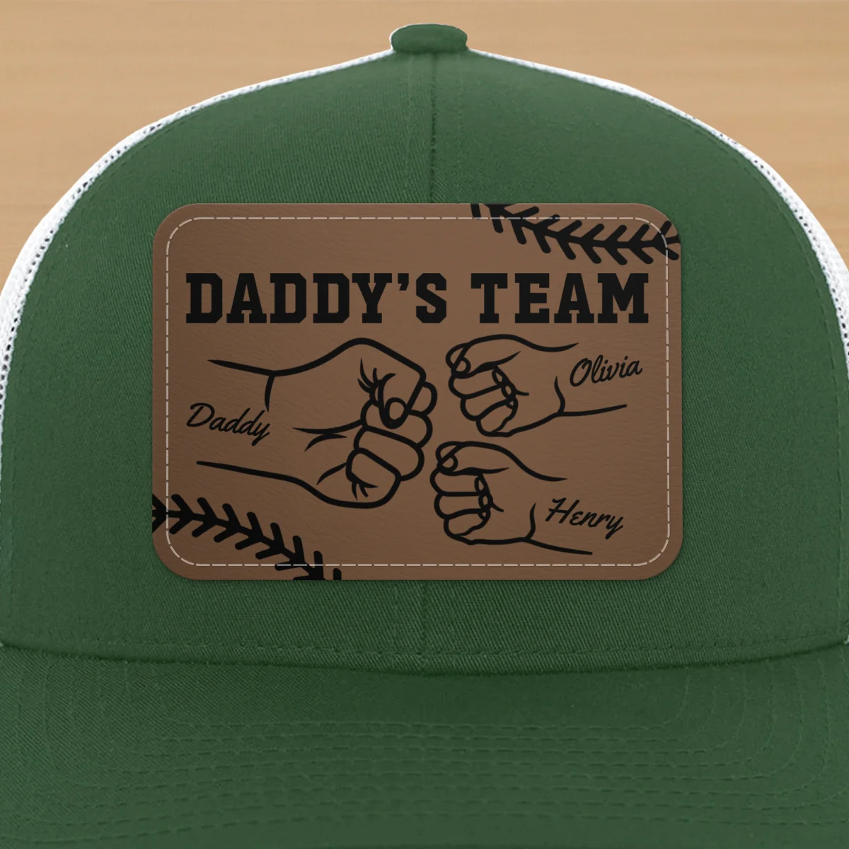 Baseball Daddy's Team Fist Bump Outline Personalized Leather Patch Hat - Image 22