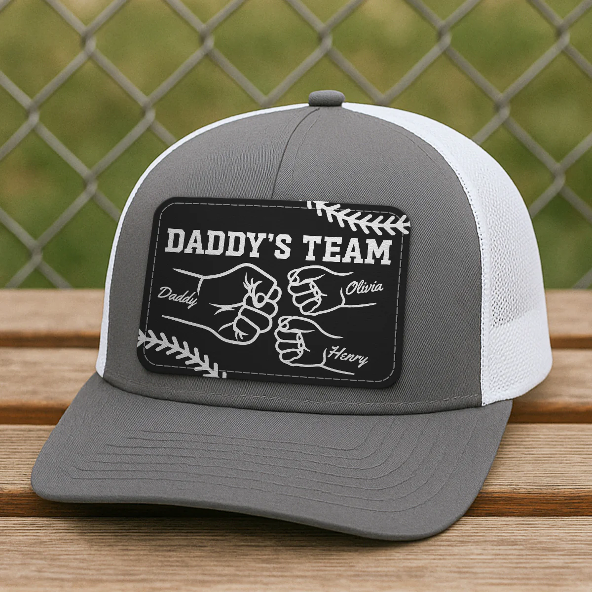 Baseball Daddy's Team Fist Bump Outline Personalized Leather Patch Hat - Image 6