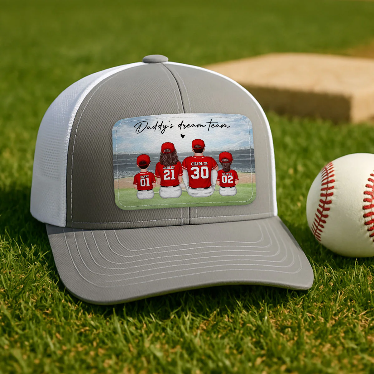 Baseball Daddy's Team Man & Kids Sitting Personalized Leather Patch Hat