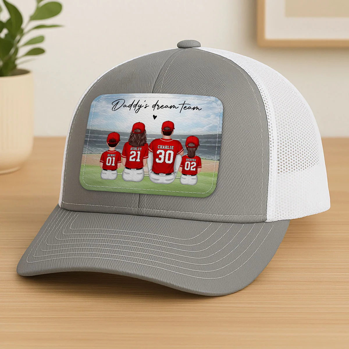 Baseball Daddy's Team Man & Kids Sitting Personalized Leather Patch Hat - Image 2