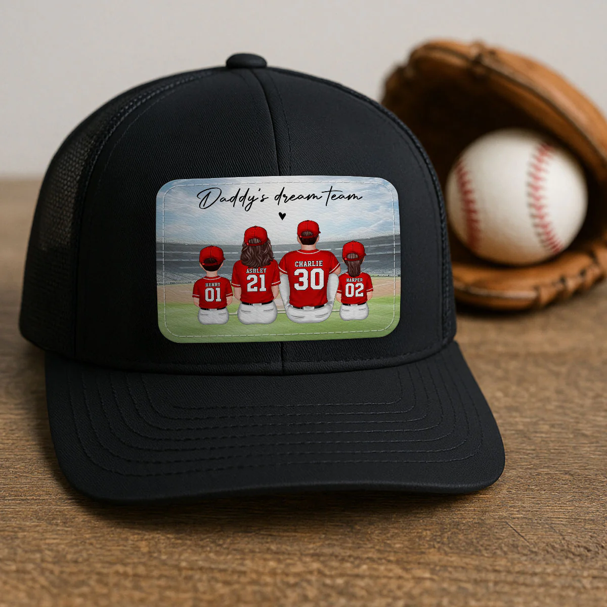 Baseball Daddy's Team Man & Kids Sitting Personalized Leather Patch Hat - Image 3