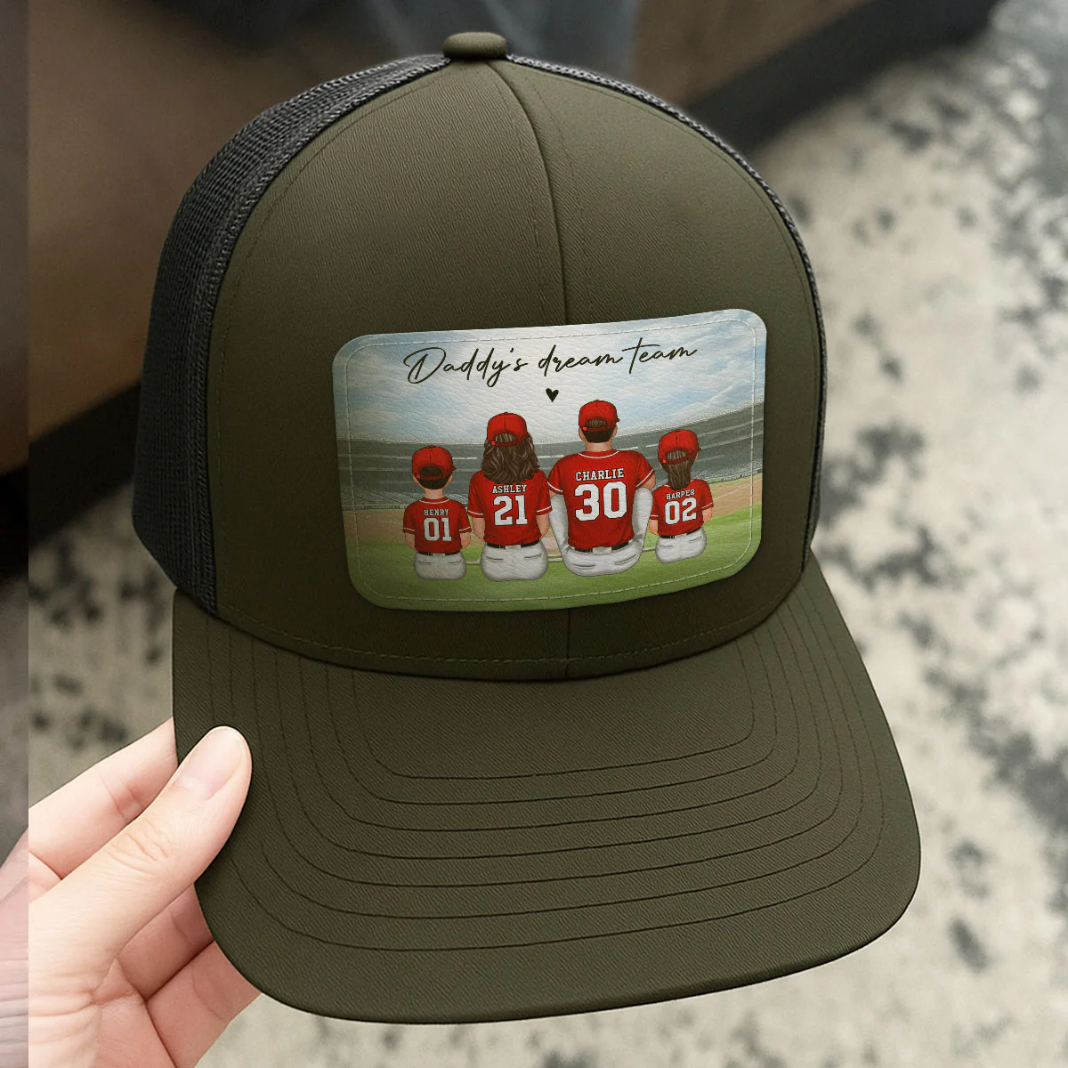 Baseball Daddy's Team Man & Kids Sitting Personalized Leather Patch Hat - Image 4