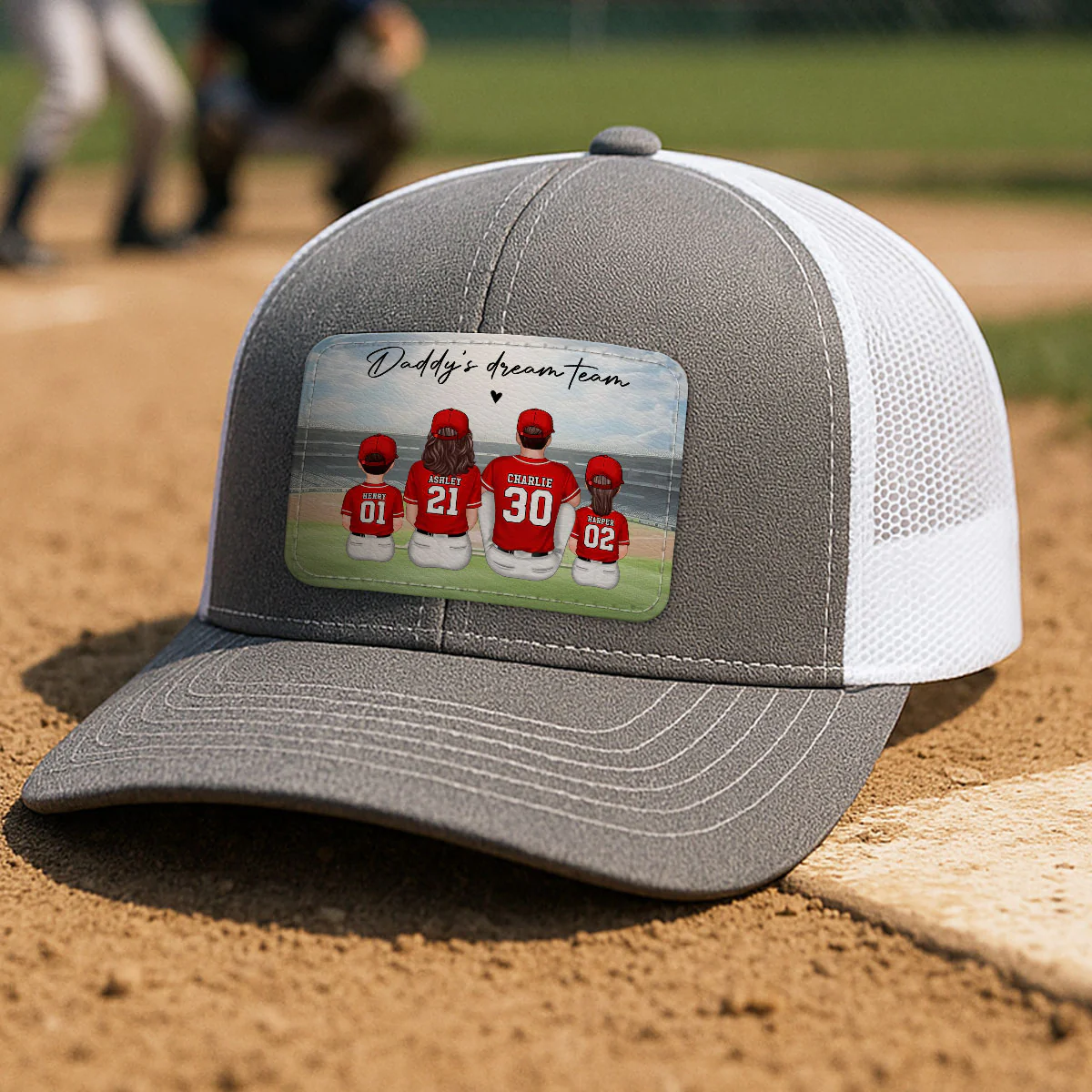 Baseball Daddy's Team Man & Kids Sitting Personalized Leather Patch Hat - Image 5
