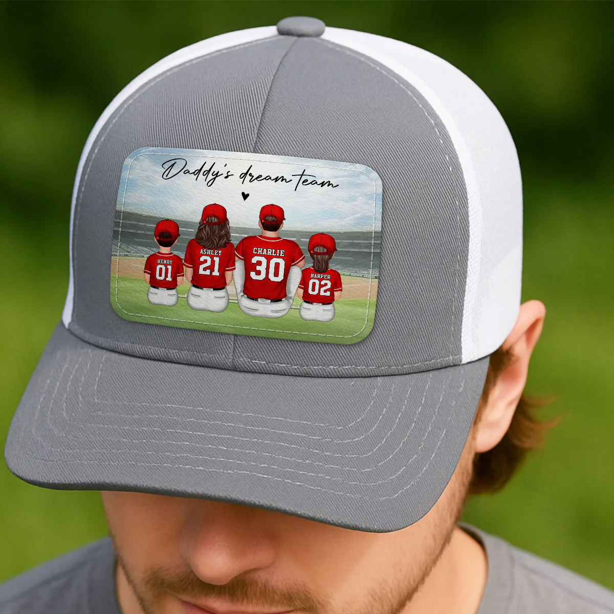 Baseball Daddy's Team Man & Kids Sitting Personalized Leather Patch Hat - Image 6
