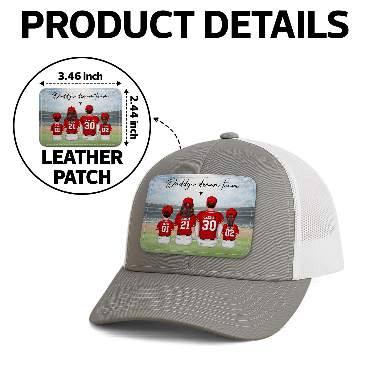 Baseball Daddy's Team Man & Kids Sitting Personalized Leather Patch Hat - Image 8