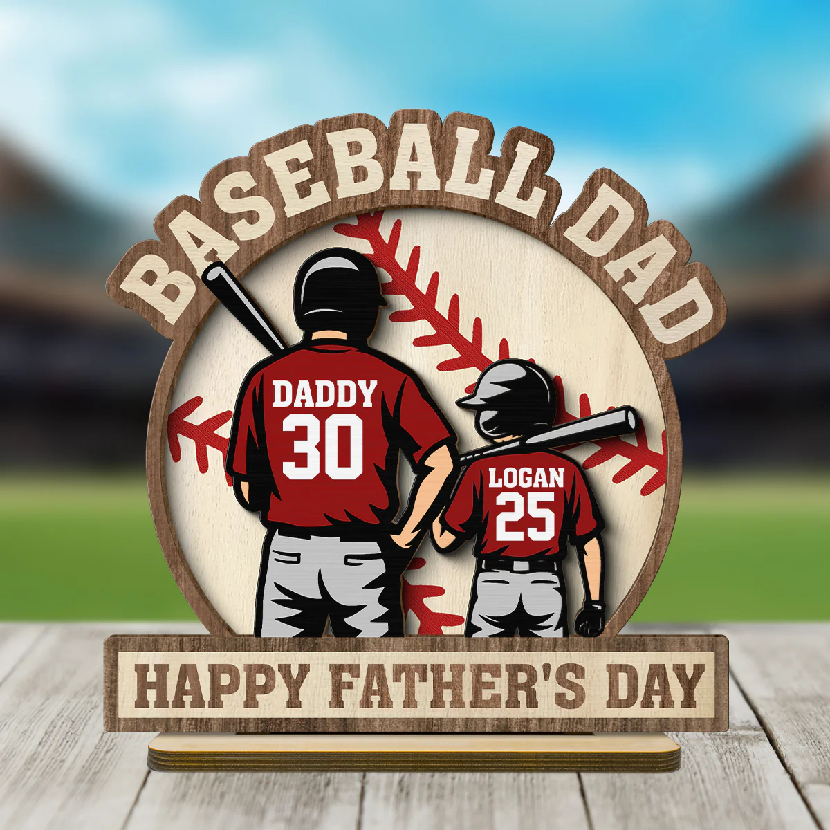 Baseball Family Back View Personalized 2-Layered Standing Wooden Plaque, gift for Dad, for Husband - Image 2
