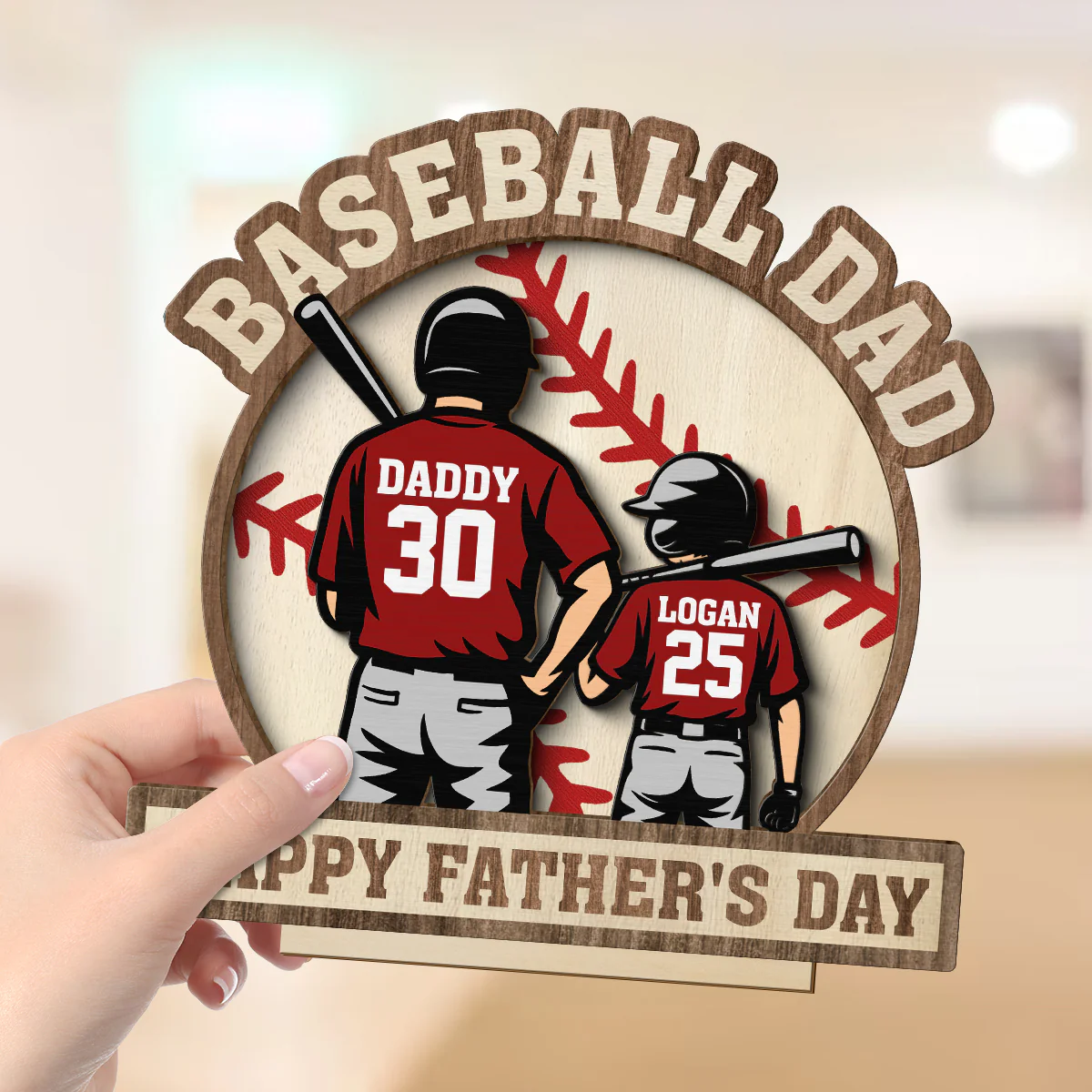 Baseball Family Back View Personalized 2-Layered Standing Wooden Plaque, gift for Dad, for Husband - Image 5