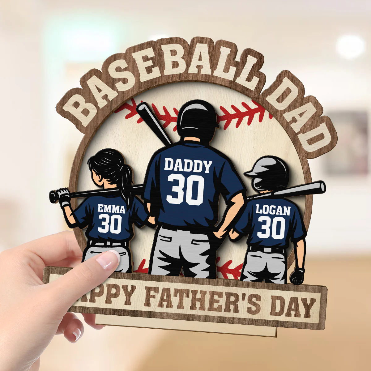 Baseball Family Back View Personalized 2-Layered Standing Wooden Plaque, gift for Dad, for Husband - Image 6