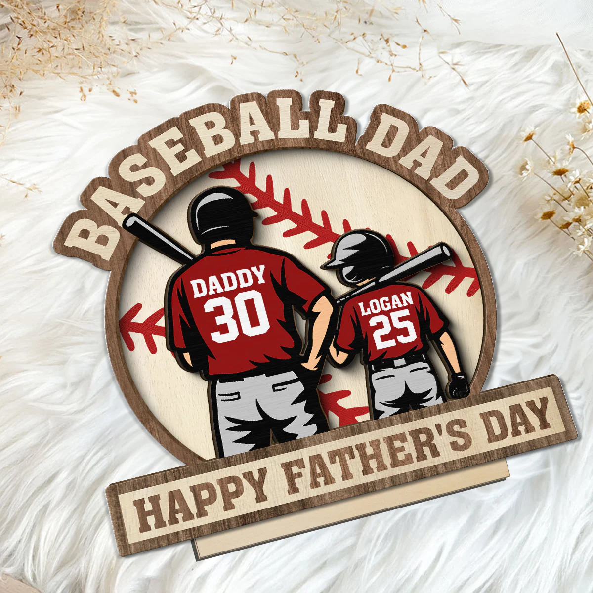 Baseball Family Back View Personalized 2-Layered Standing Wooden Plaque, gift for Dad, for Husband - Image 7