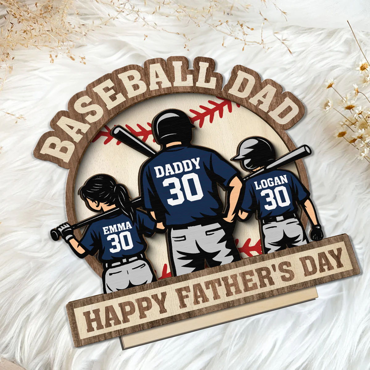 Baseball Family Back View Personalized 2-Layered Standing Wooden Plaque, gift for Dad, for Husband - Image 8