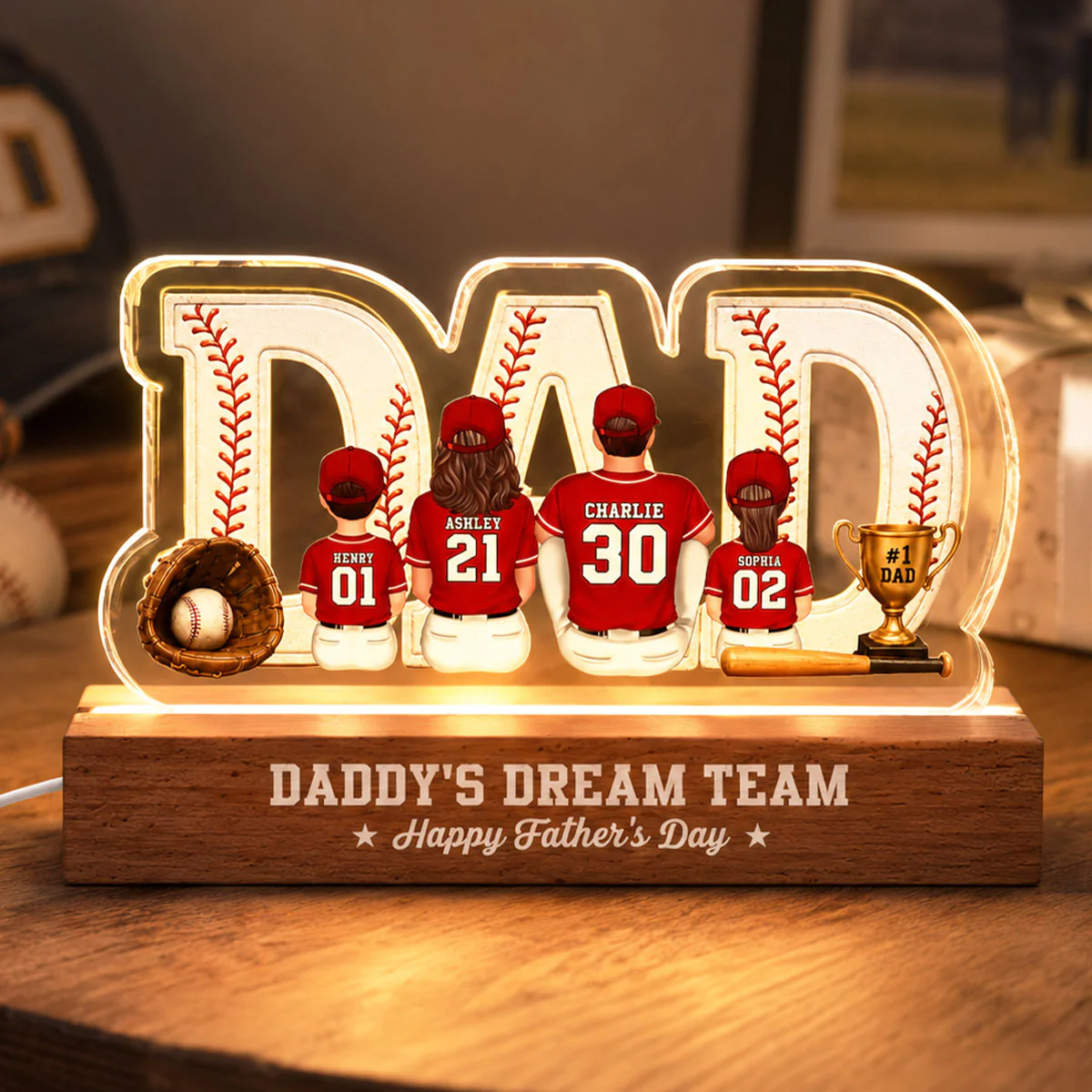 Baseball Family Daddy's Dream Team - Personalized Acrylic Block Plaque LED Night Light - Father's Day Gift For Dad, Husband - Image 5