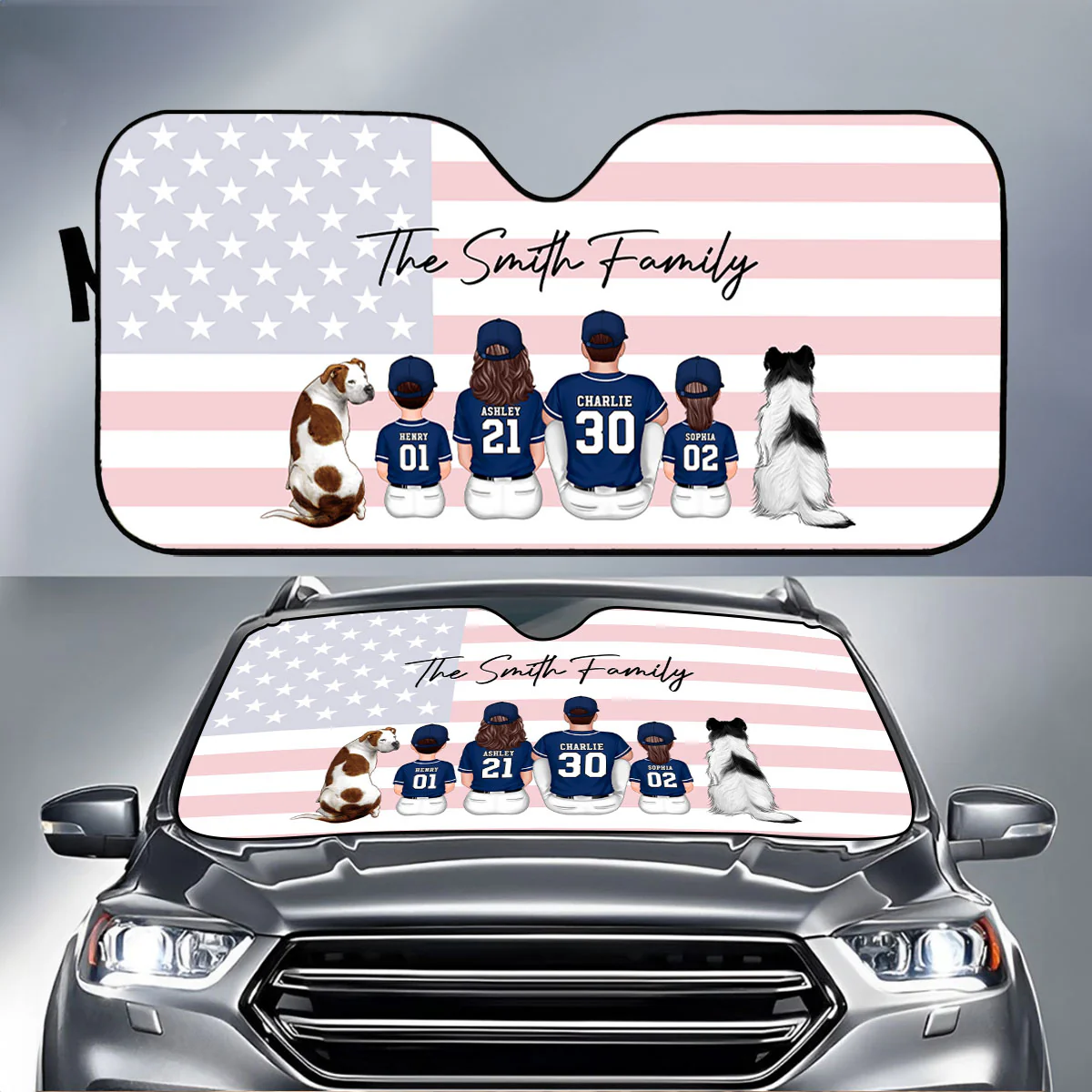 Baseball Family Sitting Back View Personalized Car Sunshade - Image 2