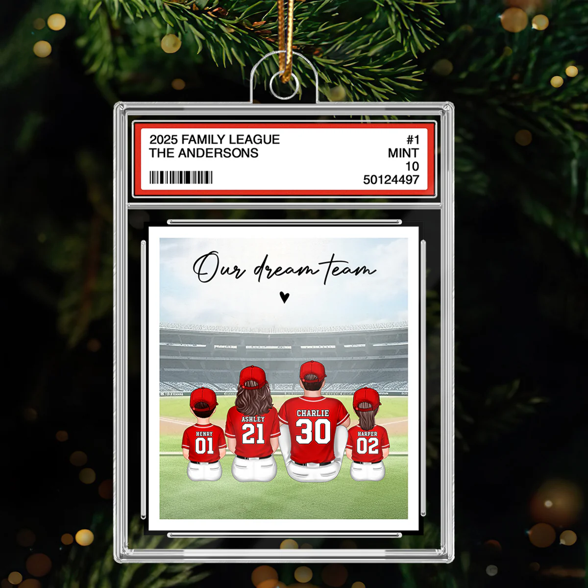 Baseball Family Sitting Couple & Kids Trading Card Style - Personalized Acrylic Ornament - Christmas Decor For Baseball Lovers - Image 2