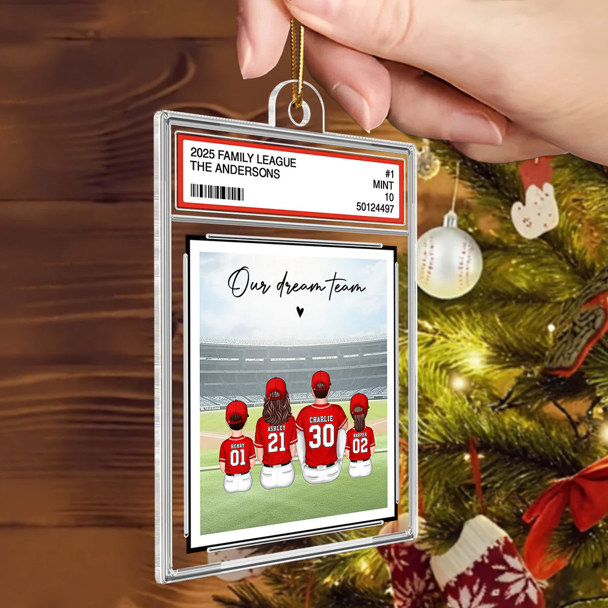 Baseball Family Sitting Couple & Kids Trading Card Style - Personalized Acrylic Ornament - Christmas Decor For Baseball Lovers - Image 3