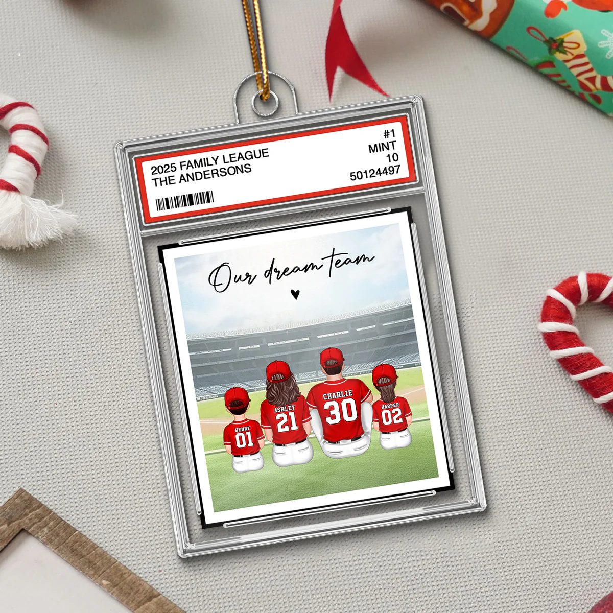 Baseball Family Sitting Couple & Kids Trading Card Style - Personalized Acrylic Ornament - Christmas Decor For Baseball Lovers - Image 4