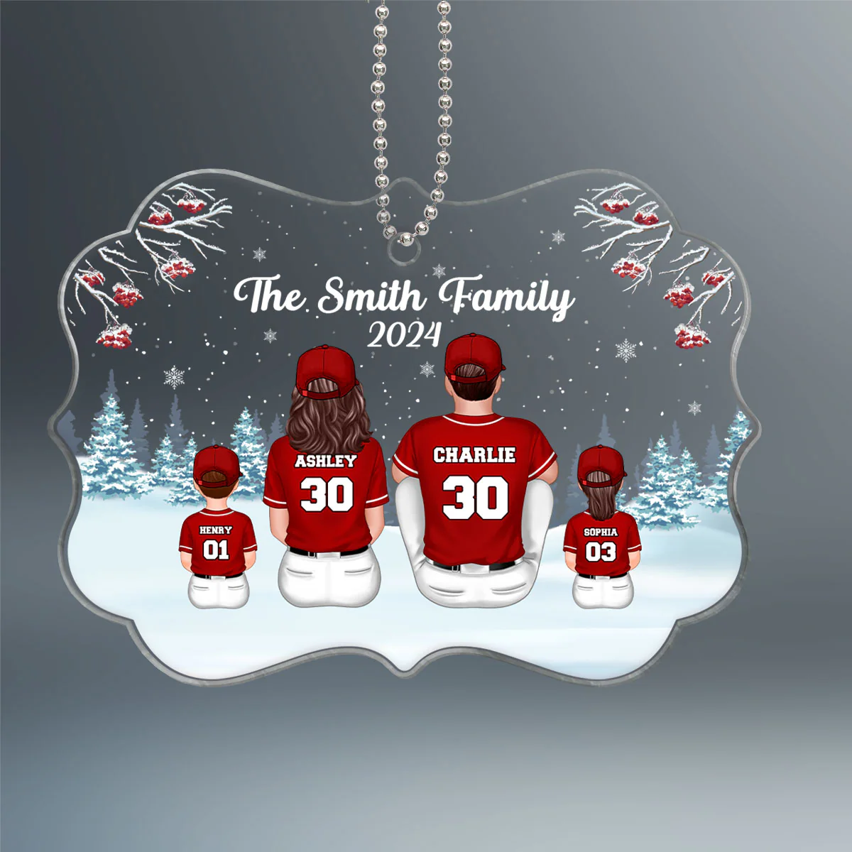 Baseball Family Sitting In Snow Personalized Acrylic Ornament, Christmas Gift - Image 2