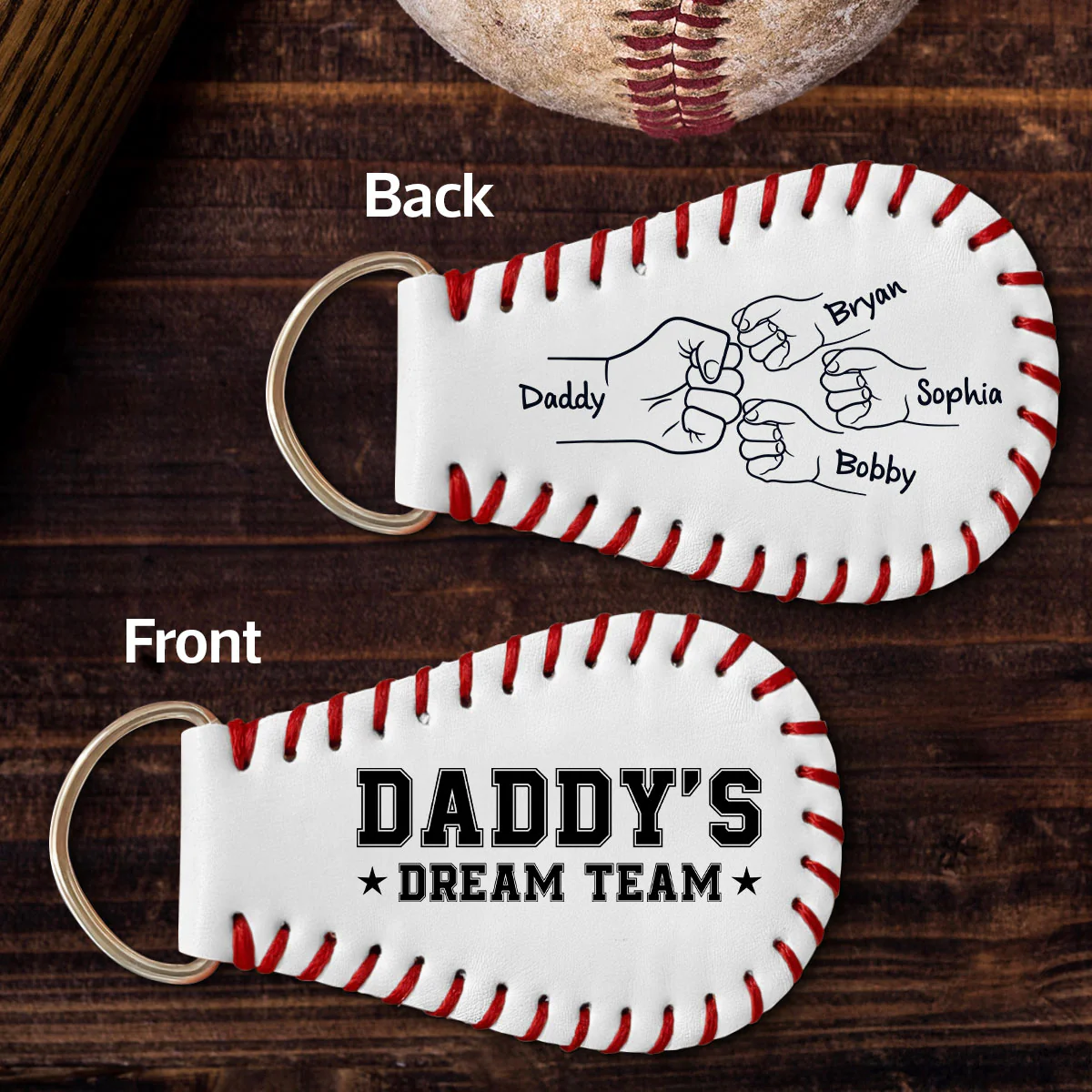 Baseball Family Team Daddy's Team Fist Bumps Personalized Baseball Leather Keychain