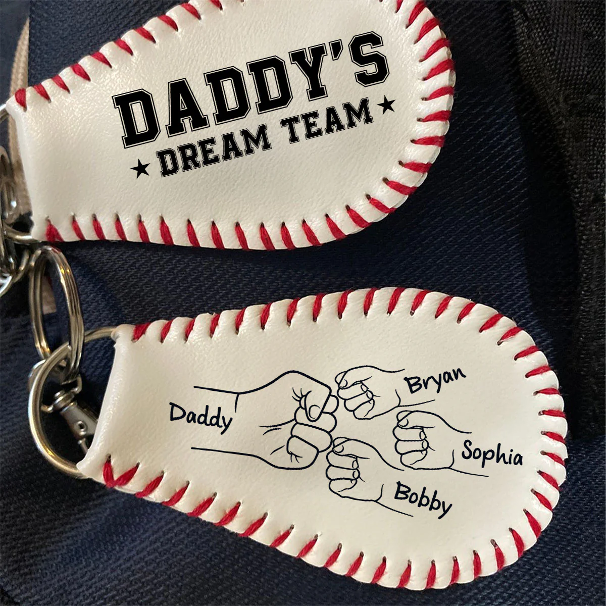 Baseball Family Team Daddy's Team Fist Bumps Personalized Baseball Leather Keychain - Image 3