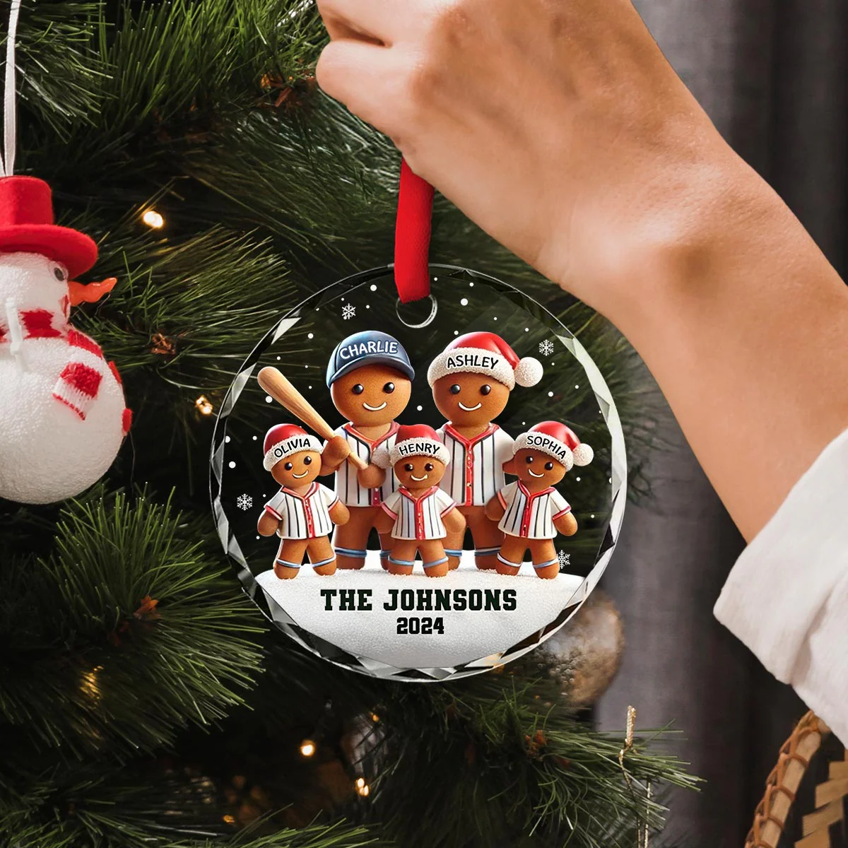 Baseball Gingerbread Family Sport Lover 3D Effect Personalized Glass Ornament - Image 4